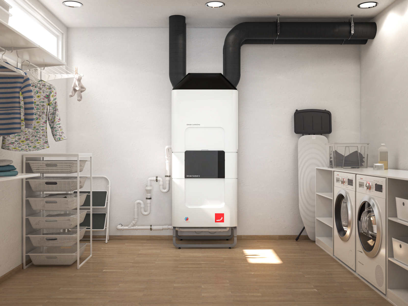 Zehnder_CSY_ComfoClime_basement_washingarea_Milieu Rendering Zehnder ComfoClime Q Comfortable indoor ventilation Front view